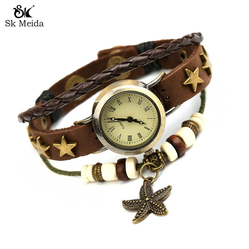 

Fashion Leather Watch Three-layer Bracelet Starfish Bracelet Women Watch Exquisite compact metal dial Press button clcok SW-52