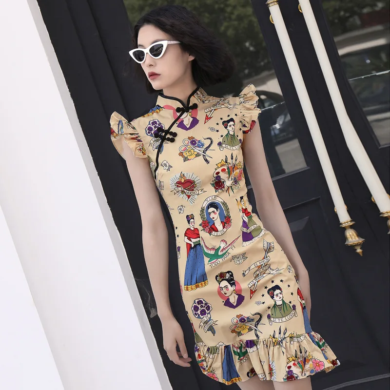 Винтажный принт, современный креативный дизайн, Cheongsam, модное летнее платье для девочек