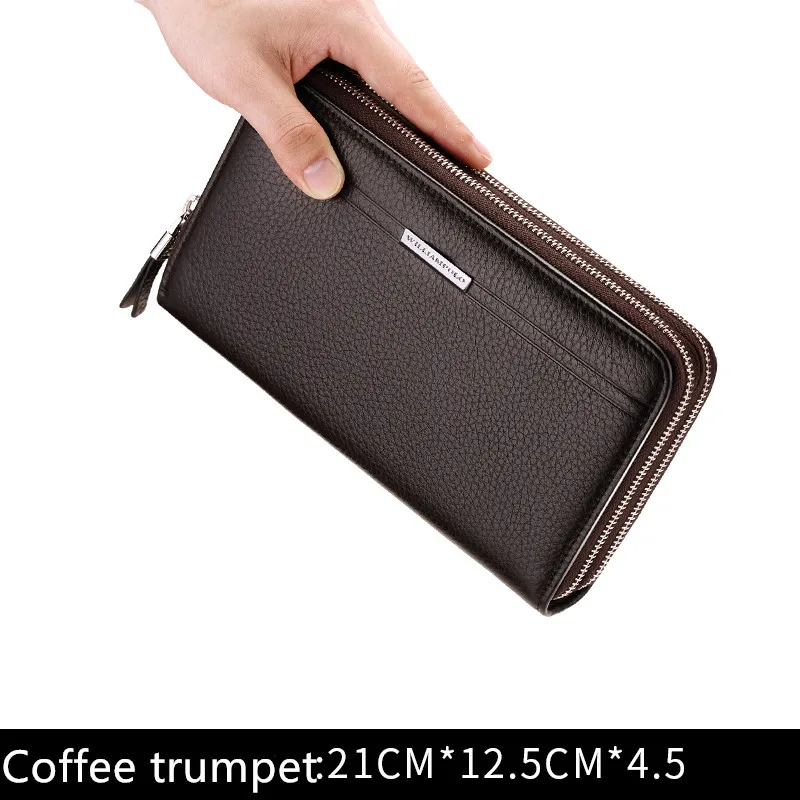 Кожаный однотонный клатч в винтажном стиле, брендовый мужской кошелек для телефона и карты, мужской кошелек на двойной молнии, удобный кошелек из натуральной кожи - Цвет: Coffee trumpet