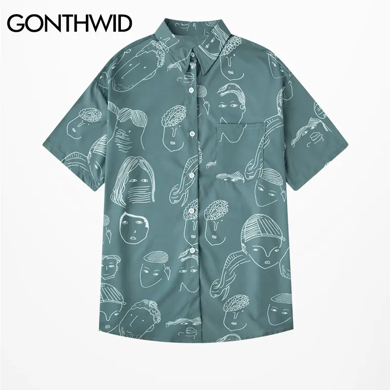 GONTHWID винтажные комические летние пляжные рубашки мужские Harajuku повседневные с коротким рукавом Гавайские карманные Рубашки модные пары уличная топы
