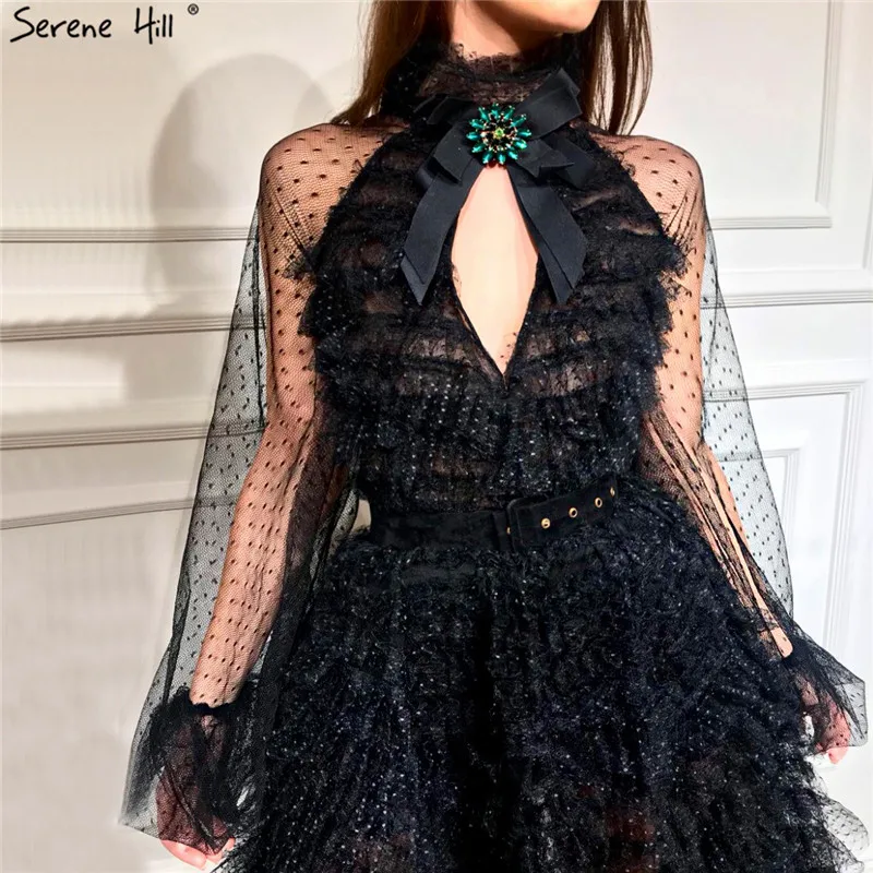 Черное перспективное сексуальное вечернее платье с бантом, с вырезом, с длинными рукавами, вечерние платья Serene Хилл LA60906