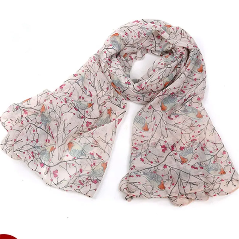 

New 2018 Women Ladies Long Cute Spring Summer Robin Bird Patten Print Scarf Wrap Animal Pattern Women Scarf Female Scarves