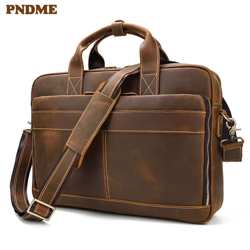 

PNDME high quality simple crazy horse leather men's briefcase vintage business handmade large capacity office work laptop bags
