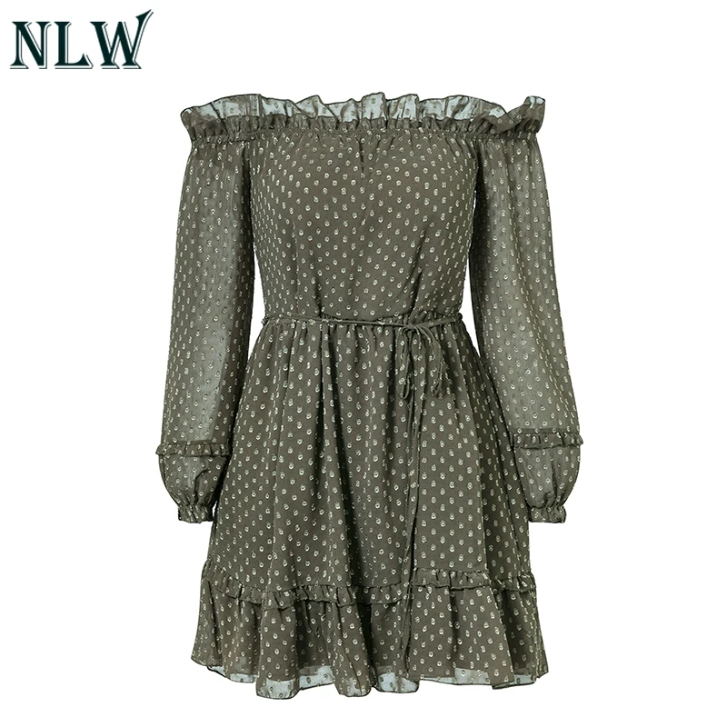 NLW Сексуальная плеча с длинным рукавом Сетчатое платье Пляж Boho элегантные