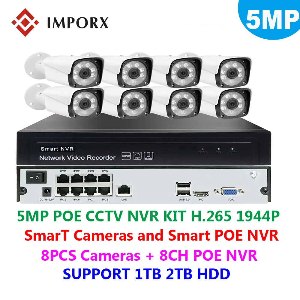 

IMPORX HD 5MP 8CH POE NVR CCTV Security System Kit H.265 Outdoor 8PCS POE IP Cameras Video Surveillance Set Support 1TB 2TB HDD