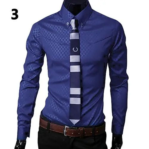 

2019 Fashion Men Argyle Luxury Business Style Slim Fit Long Sleeve Casual Dress Shirt