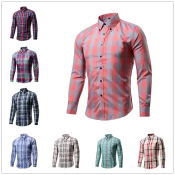 

Men's Business Blouse Men's Casual Coloured Checked Print Shirt Long Sleeves Fashion Casual Trend Blouse Males Slim Fit Shirt 13