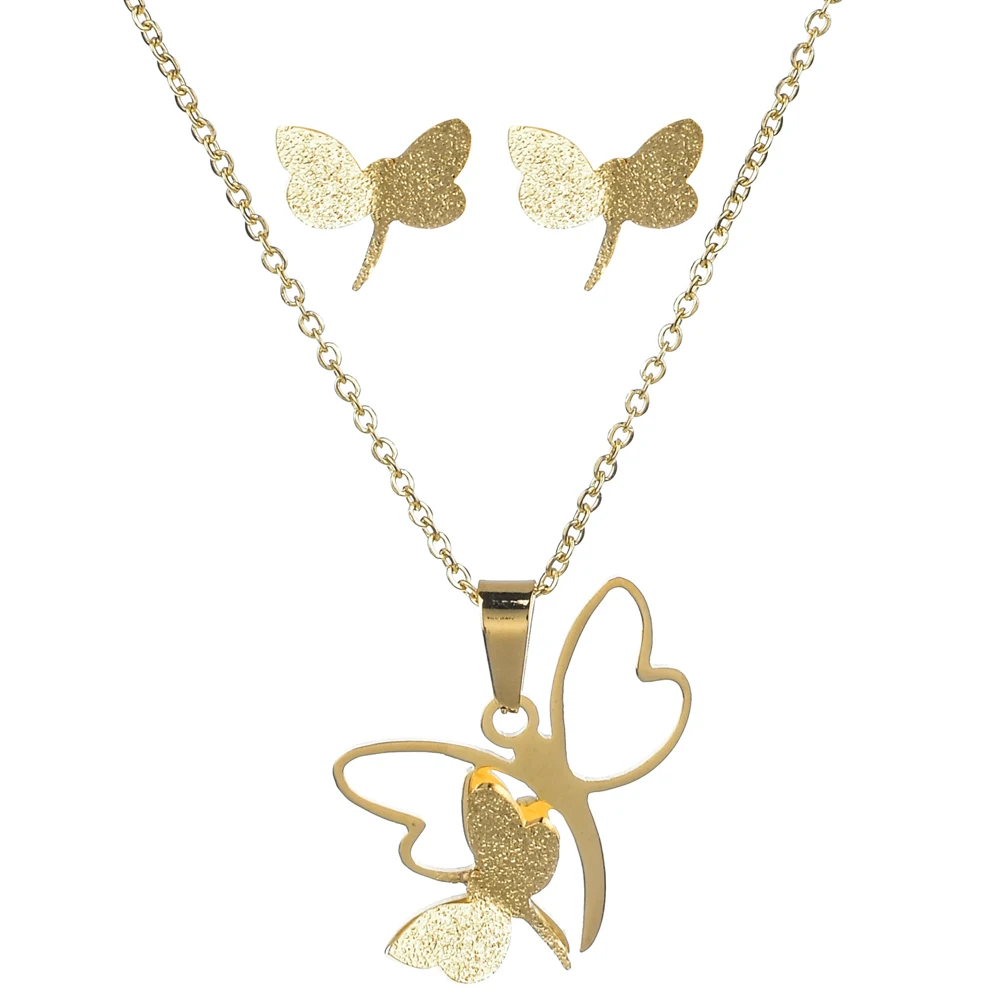 

Luxury Women Stainless Steel Jewelry Set Wedding Party Gold Color Butterfly Dragonfly Clover Necklace Earrings Sets Gift