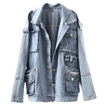 

Spring New Denim Jacket Female Loose Large Size Retro Medium Long Denim Coat 2019 Autumn Women Single-Breasted Outerwear JIA230