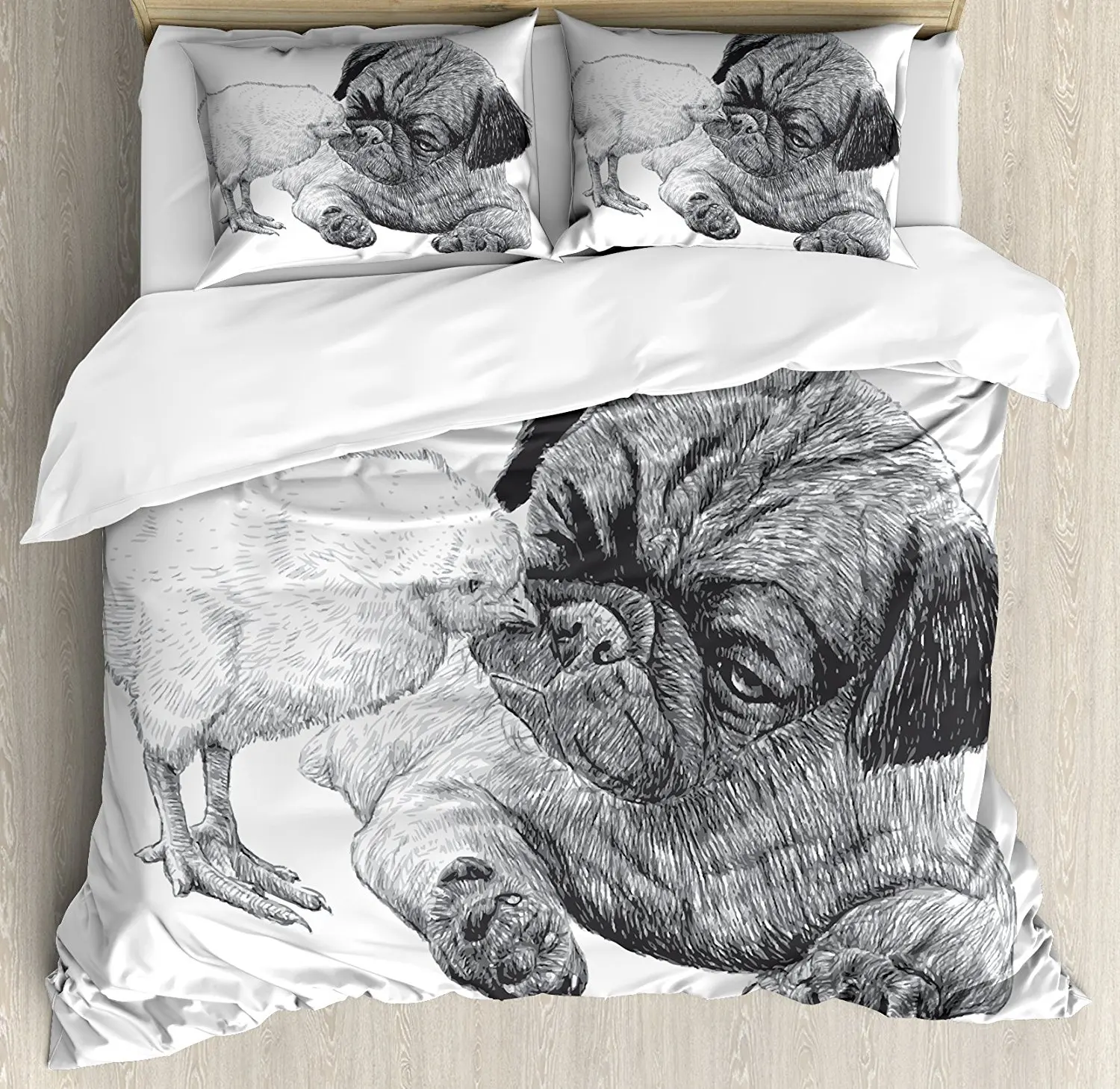 

Pug Duvet Cover Set, Picture of a Pug and Little Chick Drawn by Hand Love Affection Between Animals, 4 Piece Bedding Set