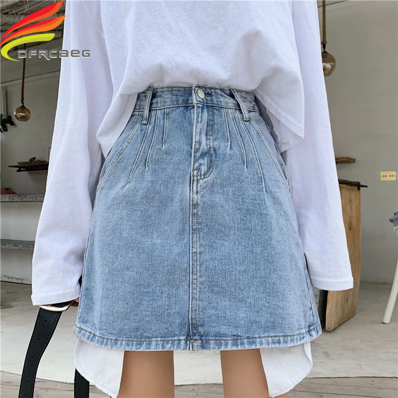 

High Waist A Line Denim Skirt Women Fashion Design Sky Blue Street Style Jupe Jean Femme Faldas Mujer Moda 2019 Skirts Womens