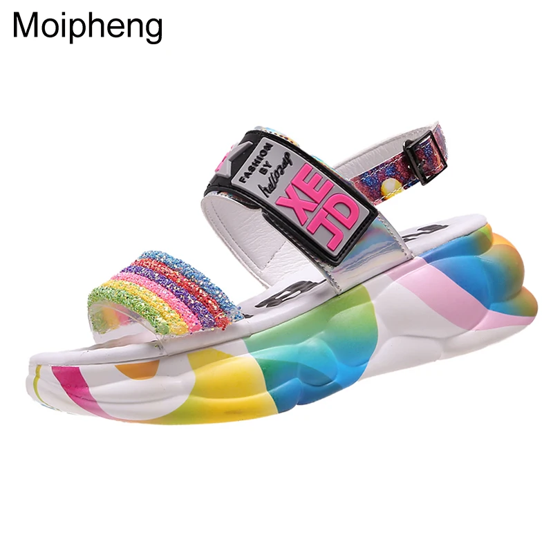

Moipheng 2019 Summer Women Sandals Rainbow Colorful Sequined Cloth Ladies Sandals Chunky Heels Open Toe Heels Platform Sandals