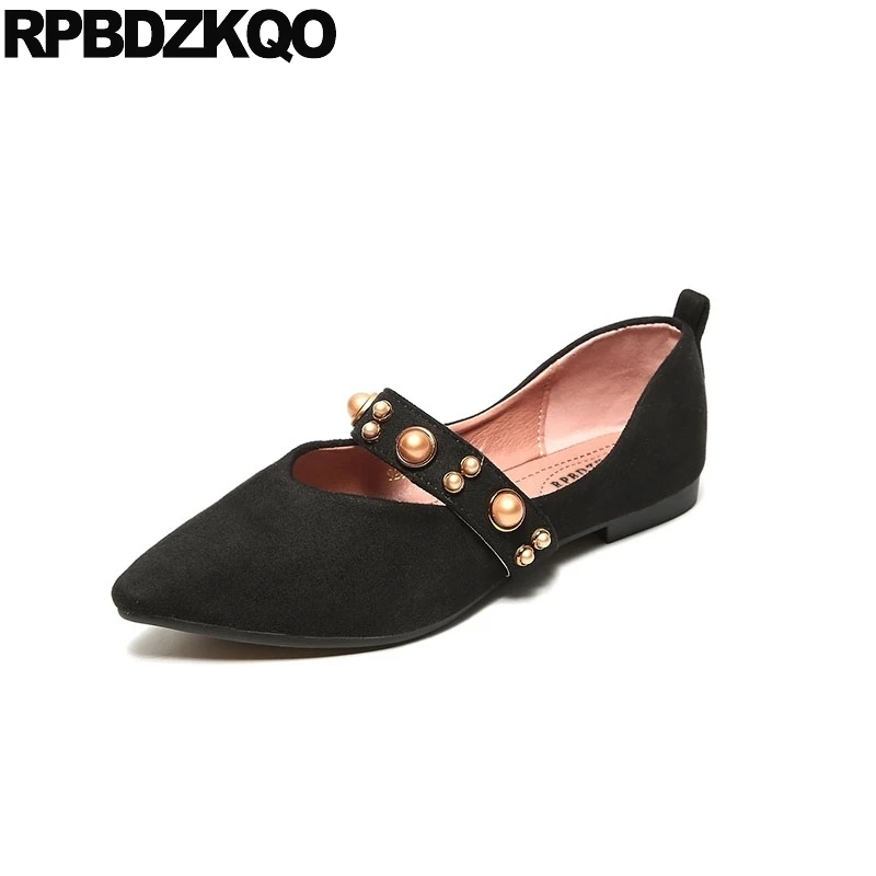 

flats women british style plus size mary jane large ladies beautiful shoes black stud rivet slip on designer suede pointed toe