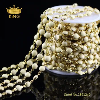 

5meters Beige Enamel Beads Wire Wrapped Plated Gold Copper Links Coin Lampwork Glass Beaded Chains for Necklace Jewelry ZJ228
