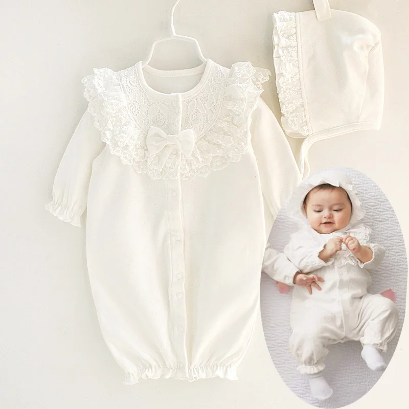 

Newborn Gril Cotton Lace Romper With Bernat Set Baby Girls Overall White Pink Sleepping Bag Infant Clothes Born 3m 6m 9m 1t Gift