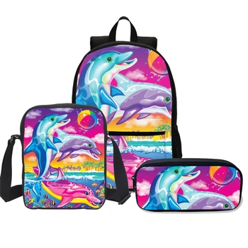 

Fashion Colorful Dolphin 3 Pcs Women Prints Backpacks Set High Quality School Bags For Teenager Girls Rucksack Children Mochila