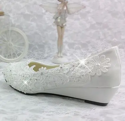 Свадебные туфли на танкетке 3 см; женские вечерние туфли для танцев с кружевом цвета слоновой кости; свадебные модельные туфли-лодочки; Туфли на танкетке - Цвет: wedges 3cm heel