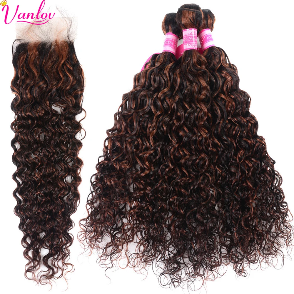 Vanlov Ombre Bundles With Closure Water Wave Brazilian Hair Weave