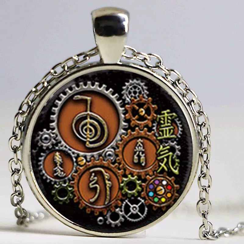 Reiki Symbols in Steampunk Design Pendant Necklace
