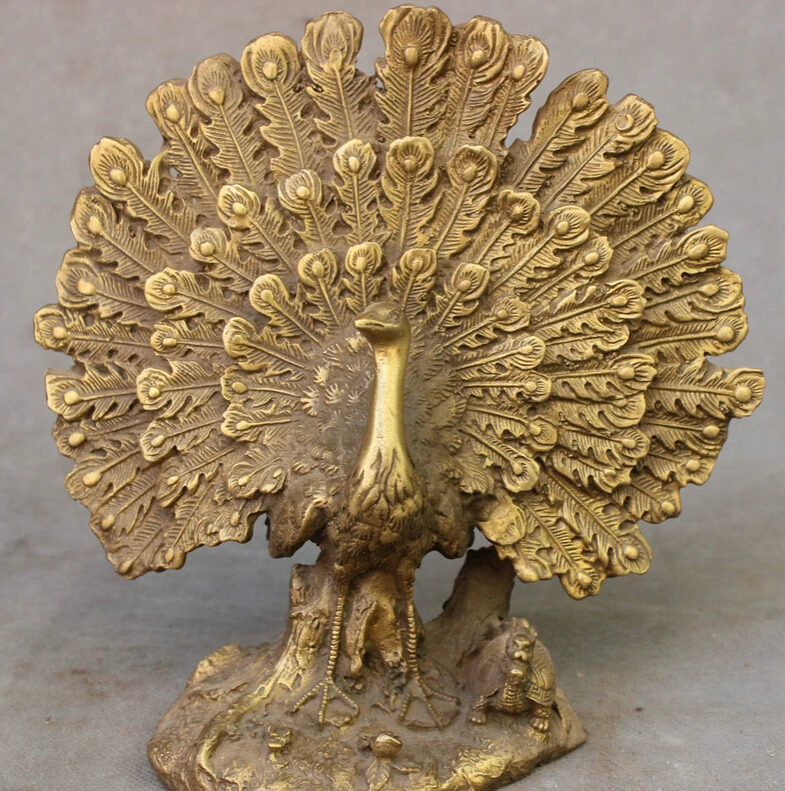 

song voge gem S3393 Chinese FengShui Brass Buddhism Animals Beautiful Bird Proud Peacock Statue