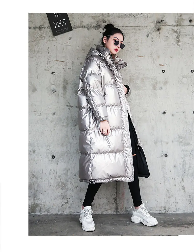 Long Silver Jackets Women Parka Winter Warm Outerwear Fashion Bright Cotton Coat Ladies Winter Loose Down Jacket Thick T399