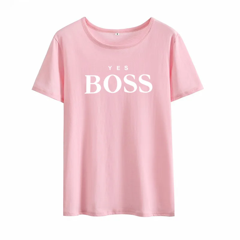 Yes Boss, футболка с коротким рукавом, женская футболка, летняя, Camisetas Mujer, с коротким рукавом, футболки, хлопок, Женская Повседневная футболка, Femme - Цвет: Розовый