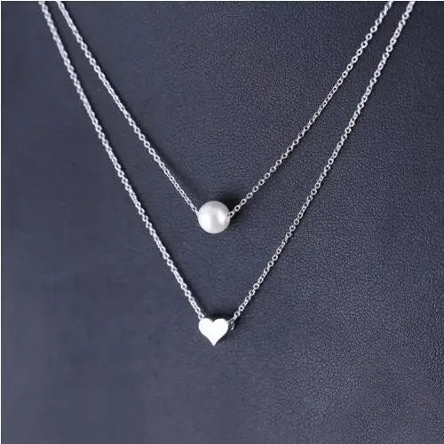 

n819 Bohemia Simple fashion Imitation pearl Heart-shaped Double layer Clavicle chain necklace Female charm Jewelry accessories