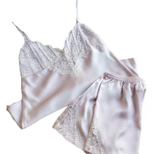 Стильная женская обувь шелк Глубокий V рукавов Ночная сорочка чулок пижамы Наборы для ухода за кожей Pijamas ; Модель года весна и Летний стиль с Кружево Лидер продаж