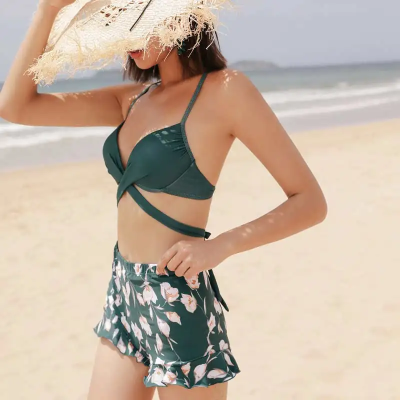Женский купальник с лямкой на шее,, закрытый зеленый Танкини с цветочным рисунком купальники бикини женские купальный костюм, купальный костюм, плавательный костюм
