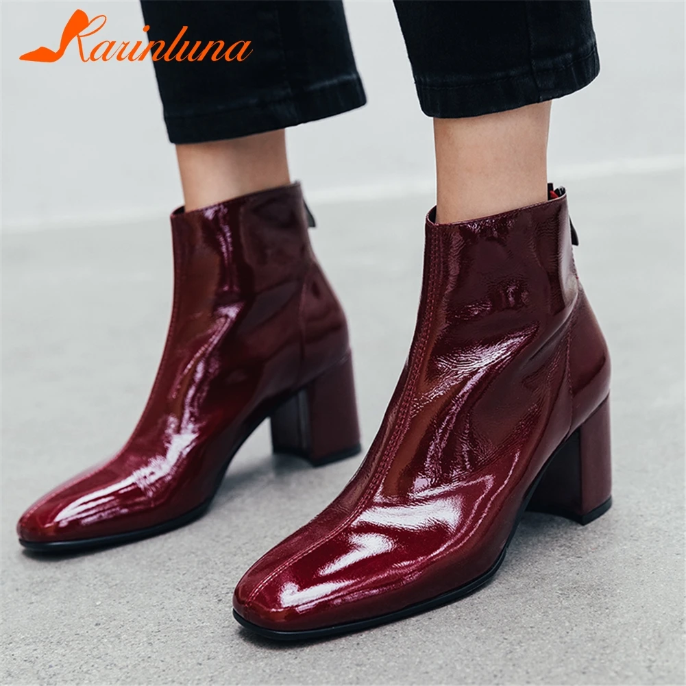

KARINLUNA Brand Design Cow Leather Chunky Heels Ankle Boots Woman Shoes Zipper Square Toe INS Hot Boots Women Shoes Woman