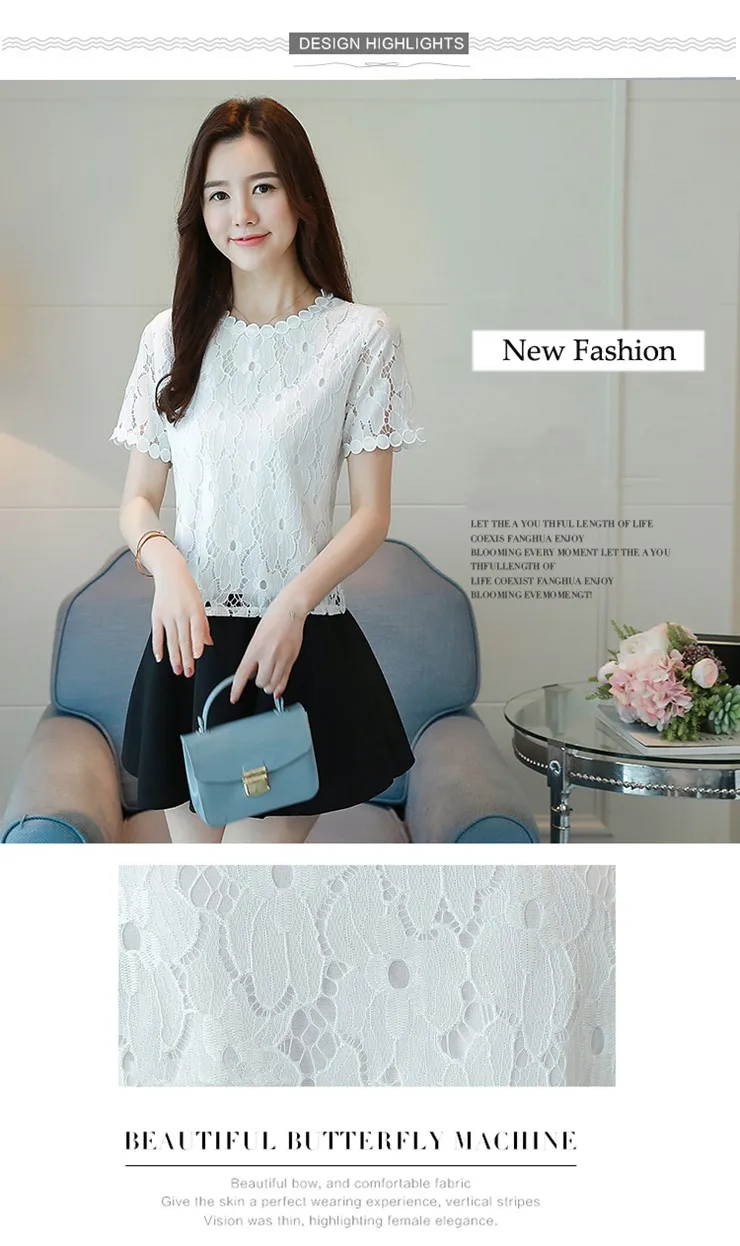 2018 New Summer Blouses Shirts Women Fashion Hollow Lace Tops Women Blouse O-neck Short Sleeve Female Shirts Blusas Mujer (1)
