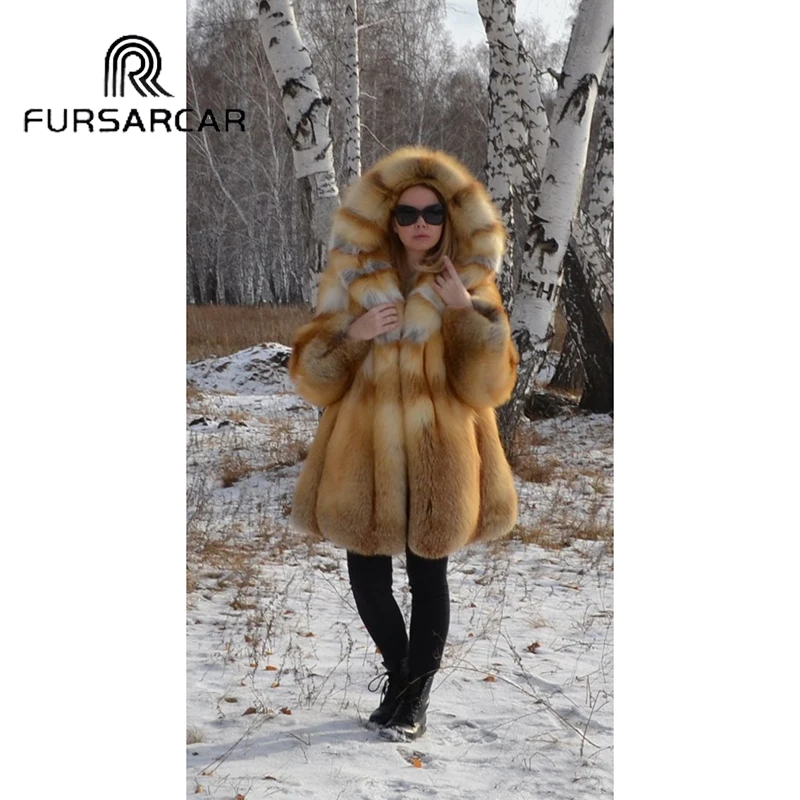 

FURSARCAR Thick Natural Real Fur Coat Women Luxury Warm Gold Fox Fur Jacket With Hood 2018 New Winter Fashion Fox Fur Coat