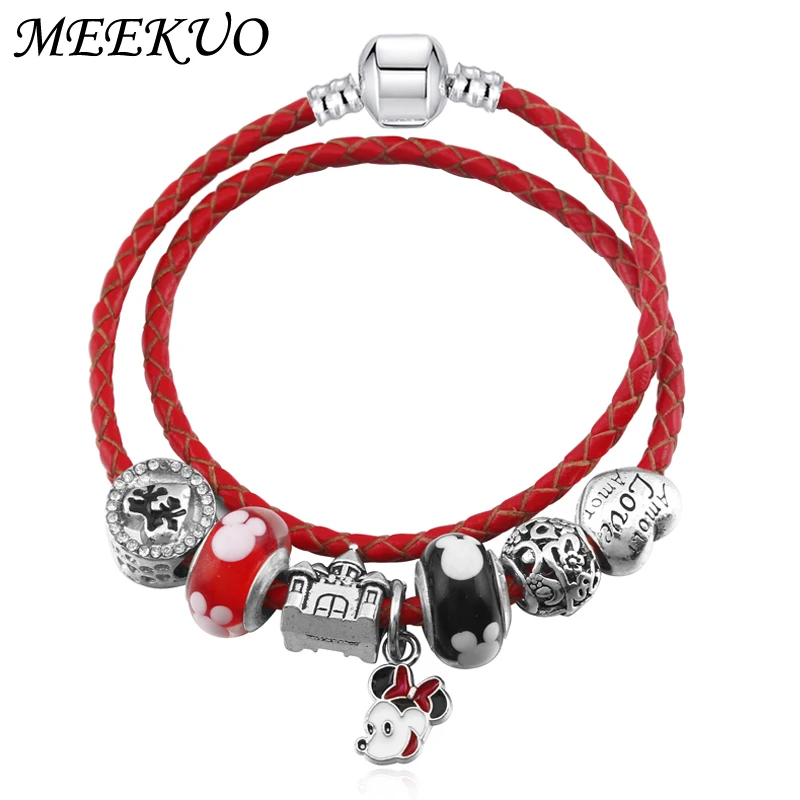 

Hot European Style Mickey Minnie Love Charm Bracelets Women Fashion Red Glass Charm fits Brand Bracelets & Bangles DIY Jewelry