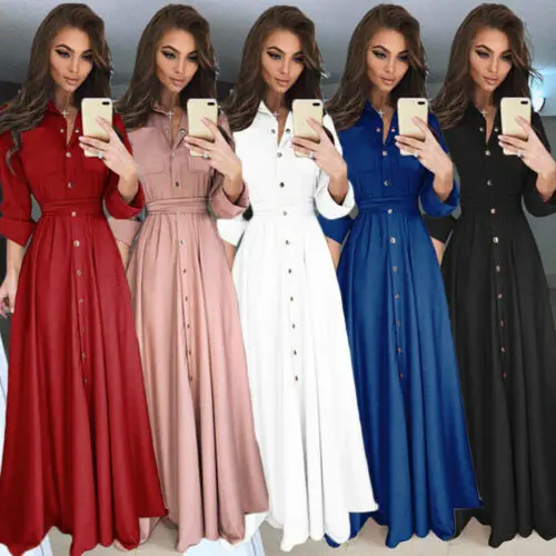 

5 Colors Plus Size Ladies Long Sleeve Solid Button Brief OL Boho Women Evening Party LongMaxi Dress Clothing