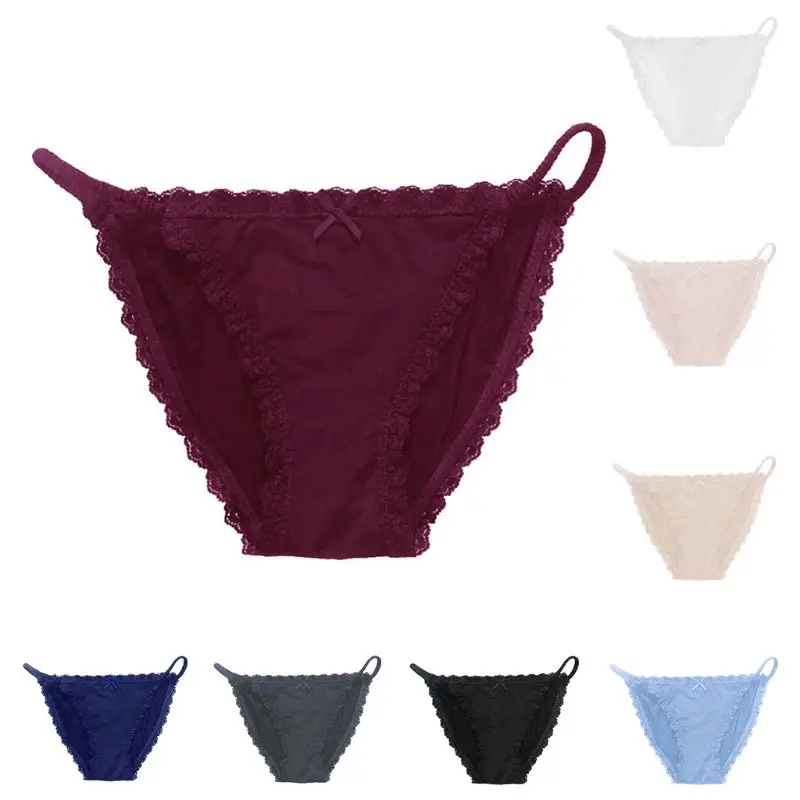 

Women Temptation Ice Silk Low Waist Lingerie Underwear Solid Color Seamless Scalloped Lace Trim G-String Bowknot Thin Waistband