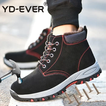 

Plus Size Men Safety Shoes Steel Toe Cow Suede Work Shoes winter warm fur Ankle Boots Puncture-proof Wear-resisting Safety Boot