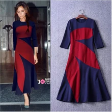 2017 Spring New Arrived Victoria Beckham Color Splicing O-Neck Three Quarter Sleeves Ankle-Length Cotton Dress Women Elegant