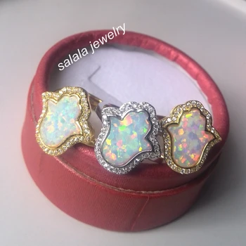 

30pcs /lot 2017 New Arrilval Adjustable 925 Sterling Silver Synthetic White Hamsa Opal Ring with AAA CZ Hamsa Opal Ring