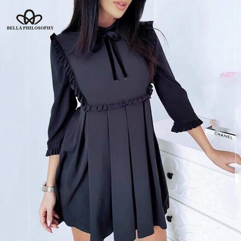Wonder 2019 new Spring Autumn Women Ruffles Dresses Elegant Bow Female Vestidos Mini Dress  Three Quarter Solid Lady DressS-XXL