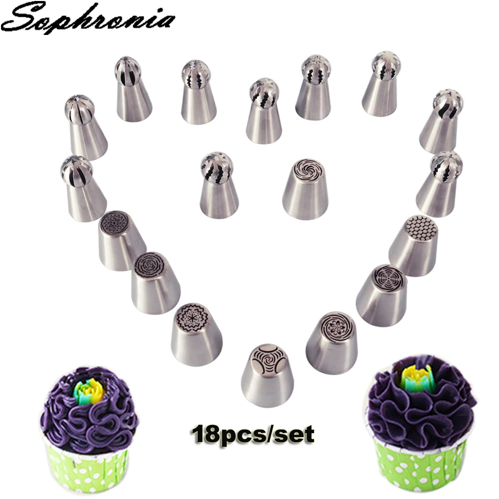 

Sophronia 18PCS/set Big Size Russian Tulip Nozzles Cupcake Decorating Piping Tips Nozzles Ball Stainless Steel Cake Sets CS105
