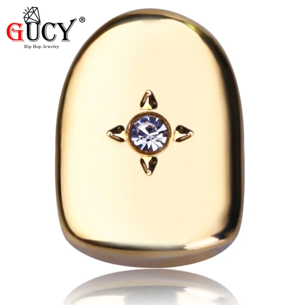 

GUCY New Custom Fit White Gold Color Plated Hip Hop Single Tooth Grillz Cap CZ Stones Top or Bottom Grill Gold Teeth Grills Caps