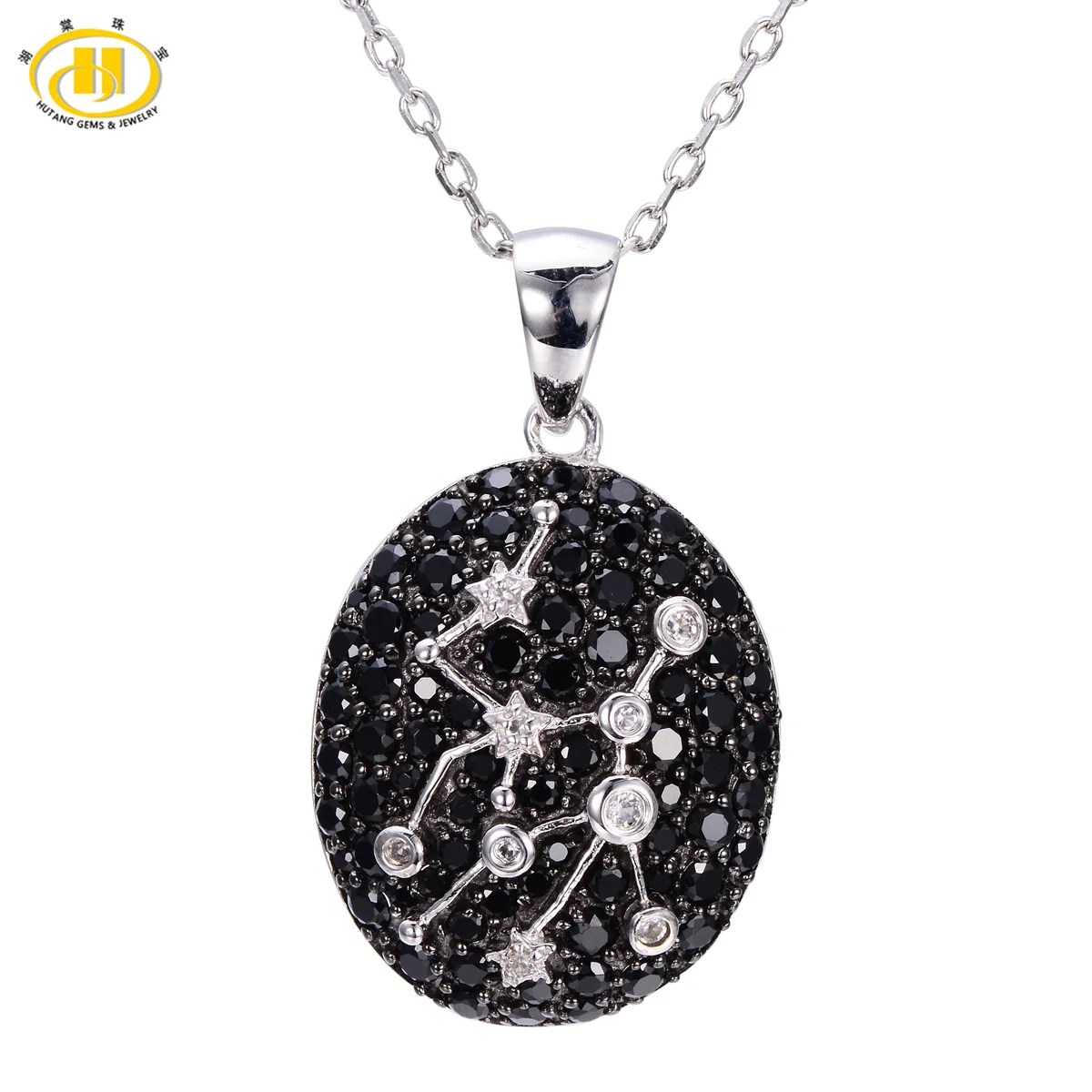 

Hutang 2.61ct Black Spinel & White Topaz Pendant Solid 925 Sterling Silver Necklace Virgo Constellation Birthday Gift