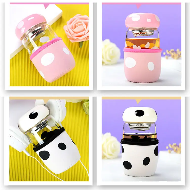 300ml Creative Glass Water Bottle Mushroom Design with Filter Mini Glass Water Bottle Portable Juice Milk Cups with Cover Lovely Gifts for Girls (3)