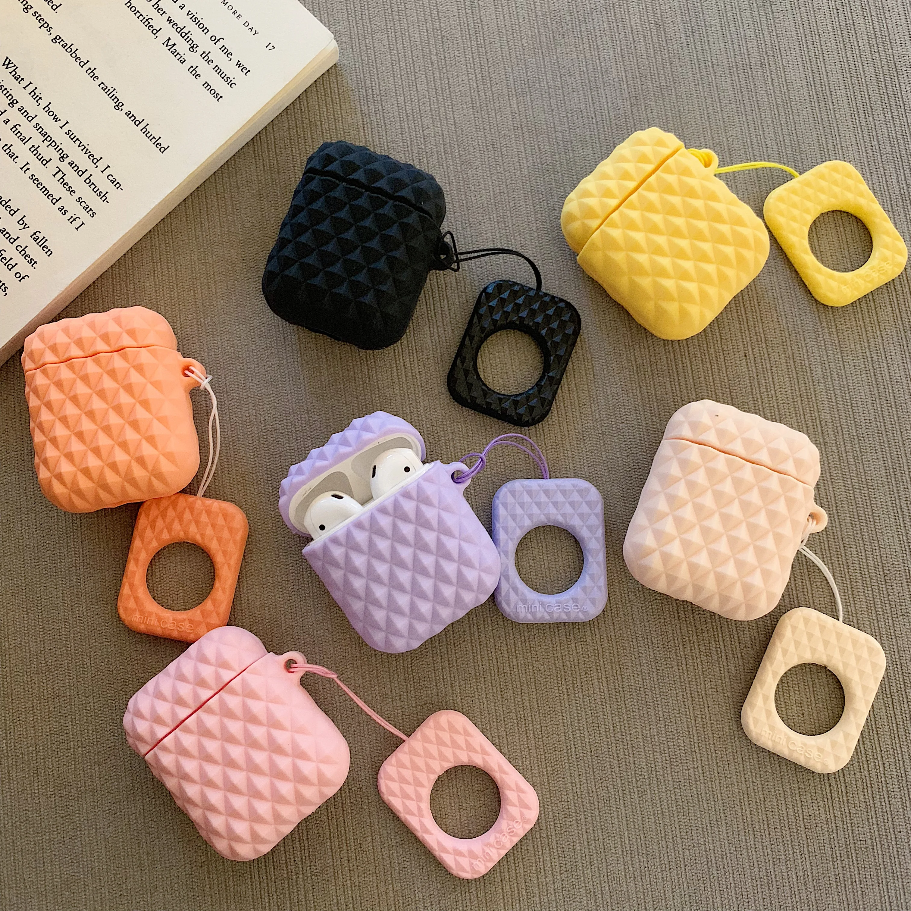 

For AirPods Case Fashion Rhombus Pattern Wireless Earphone Headphone Cover Headset Bag for Airpods 2 with Finger Ring Strap