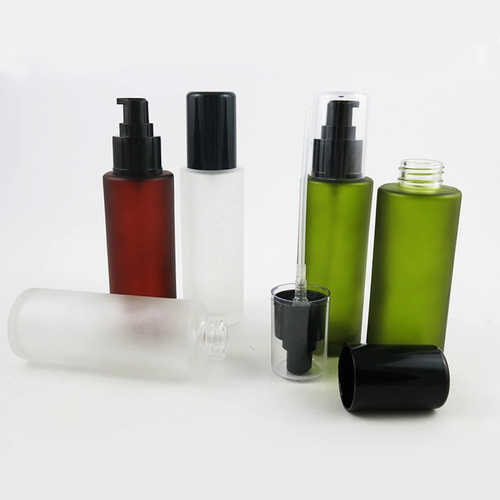 

200 x 100ml Olive Green Frosted Round Glass Lotion Bottle with Black Plastic Pump glass frost 100ml cosmetic bottle for liquid