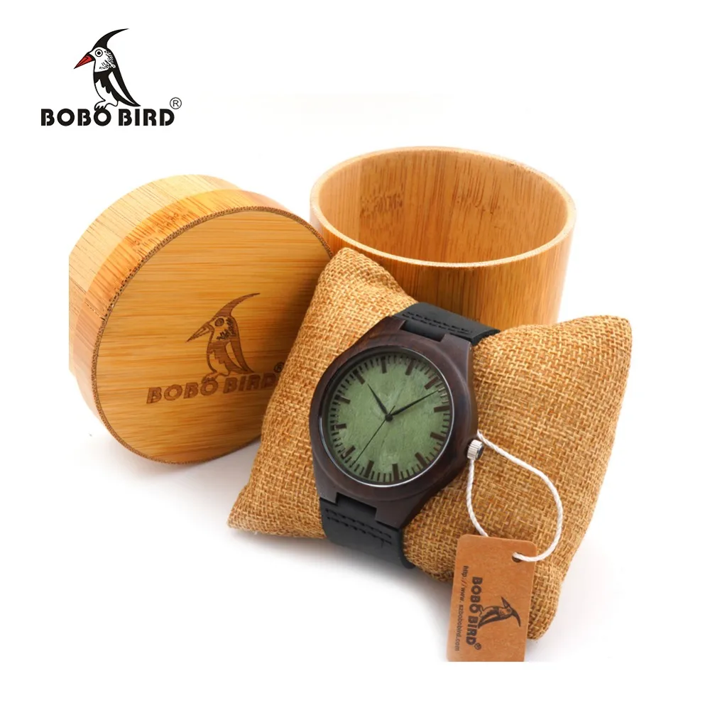 Prix pour BOBO OISEAU F03 Ébène Bois Montres Avec Vert Bois Visage Réel Bande de cuir Mens Top Marque Designer Quartz Montre en Rond En Bambou boîte Prix pour BOBO OISEAU F03 Ébène Bois Montres Avec Vert Bois Visage Réel Bande de cuir Mens Top Marque Designer Quartz Montre en Rond En Bambou boîte