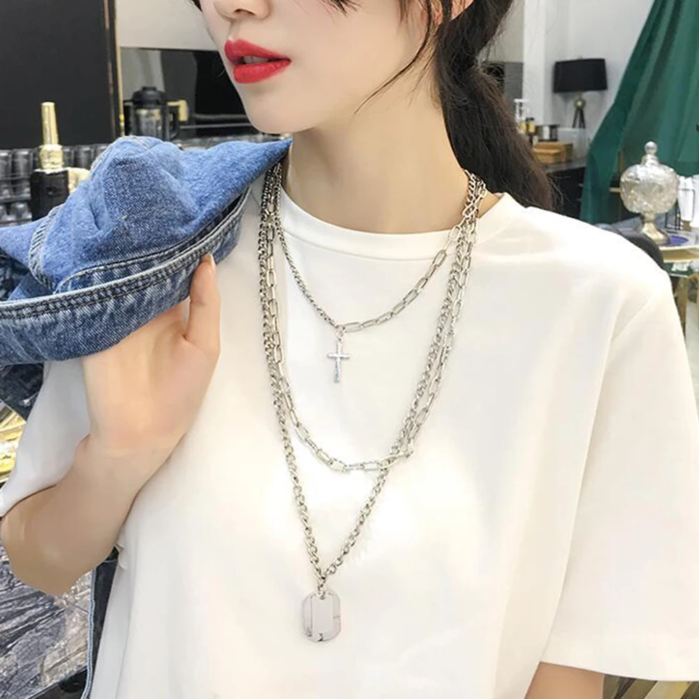 

1Set Cool Simple Necklace Summer New Fashion Silver Color Pendants Personality Square Metal Multilayer Hip Hop Long Pendant Hot