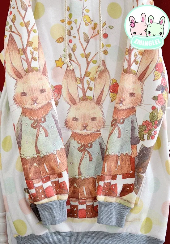 Милые женские Лолита сказочный лес кролик свободный свитер с капюшоном Harajuku с длинным рукавом