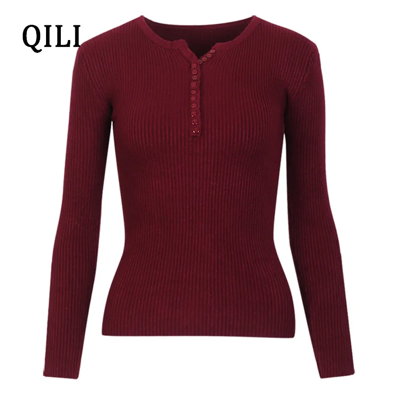 QILI Autumn Winter Women Fashion Knitted Sweater New Arrival Long Sleeve V-Neck Button Solid Pullover Sweater Tops Female QILI Autumn Winter Women Fashion Knitted Sweater New Arrival Long Sleeve V-Neck Button Solid Pullover Sweater Tops Female