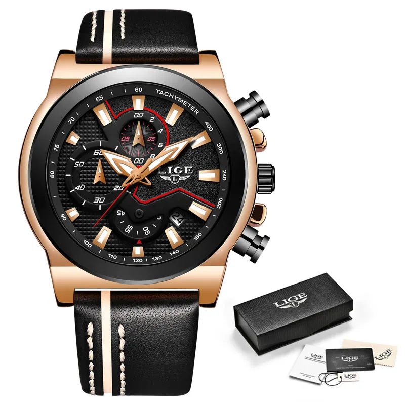 LIGE классические мужские s часы лучший бренд класса люкс военные спортивные часы мужские кожаные водонепроницаемые кварцевые наручные часы Relogio Masculino - Цвет: Rose gold black